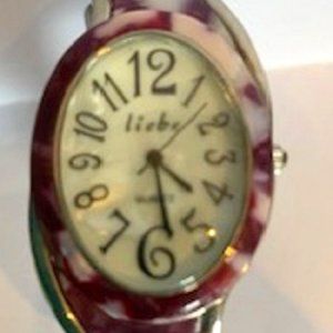 Liebe Wristwatch Bangle Cuff Bracelet Quartz Oval White Dial Stainless Steel